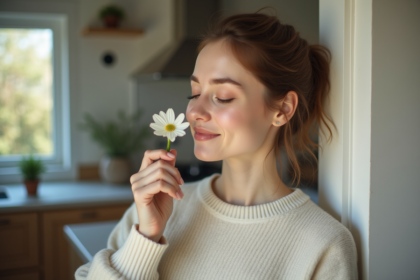 Femme inhalant une fleur blanche dans une cuisine moderne