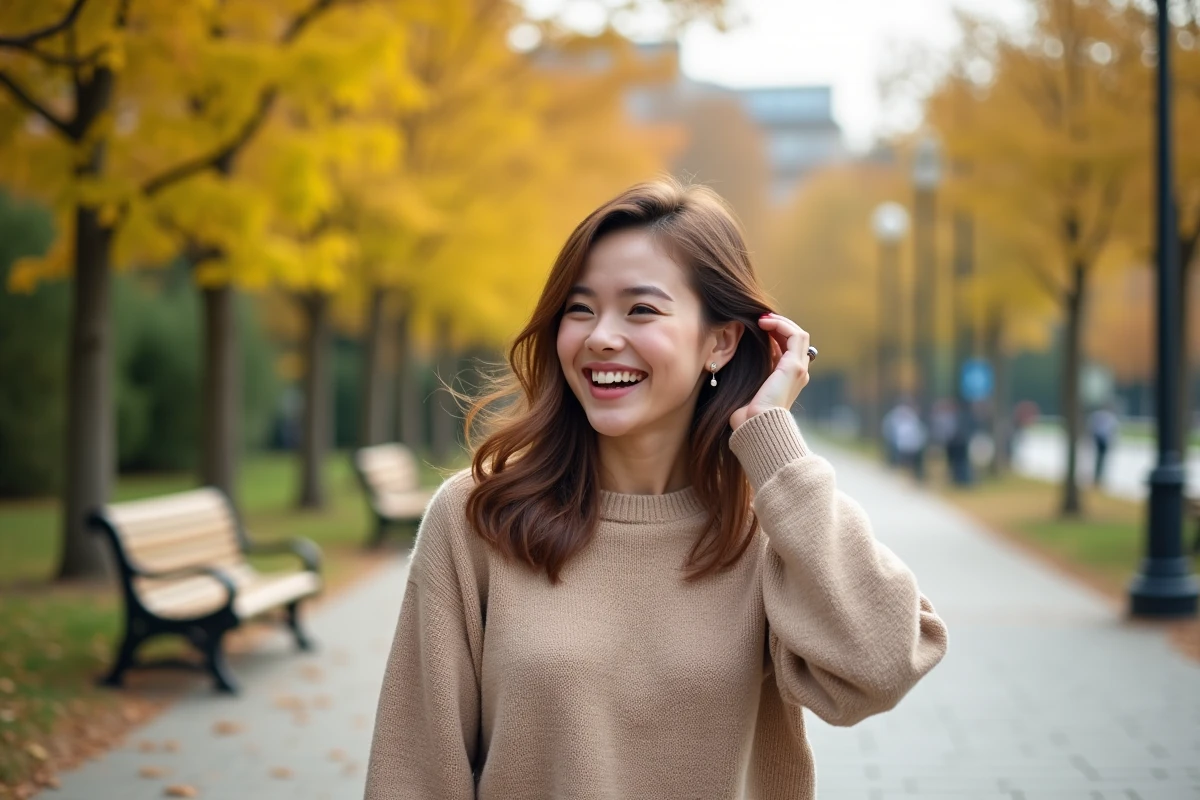 Jeune femme riant dans un parc en automne