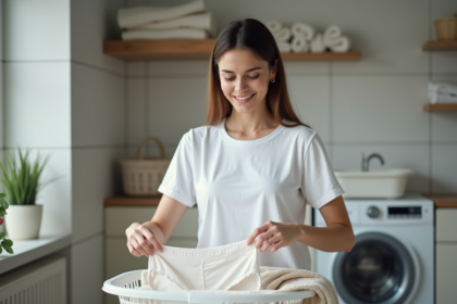 Femme retirant du linge propre dans la buanderie moderne