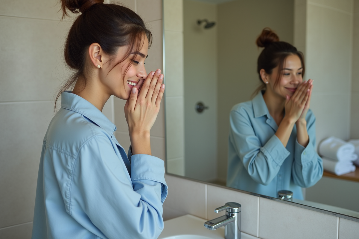 Femme souriante se rinçant le visage dans une salle de bain moderne