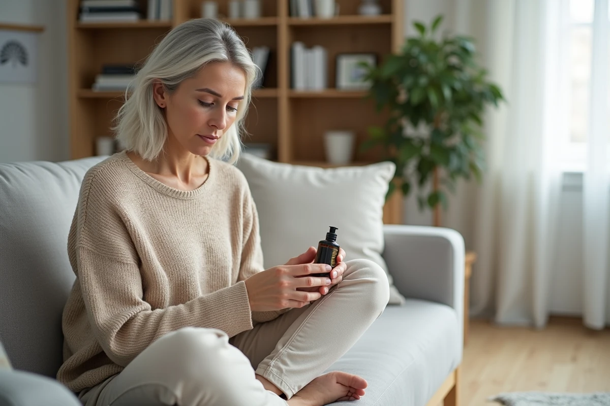 Femme lisant les ingrédients d'un produit Zaturelle pour peau sensible dans un intérieur scandinave