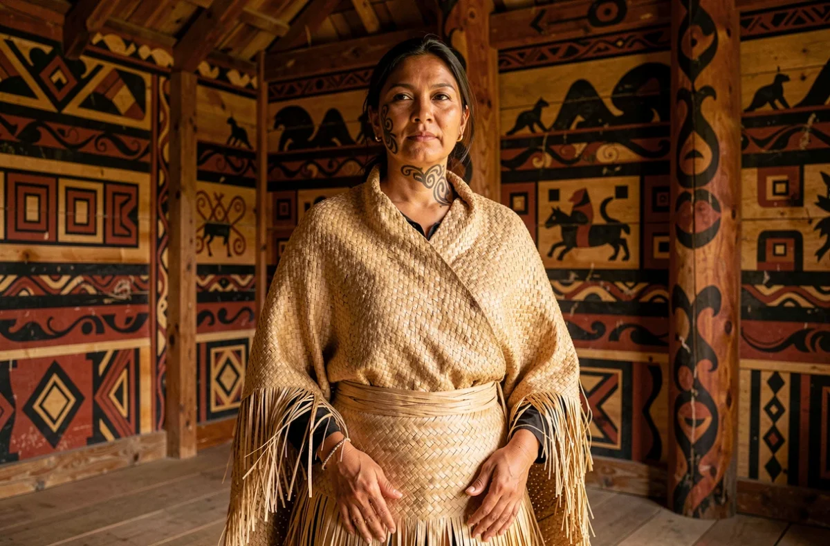 Femme māorie portant le moko kauae et un manteau korowai en lin, debout à l'intérieur d'une maison de réunion wharenui décorée de sculptures traditionnelles