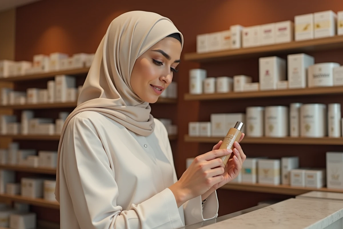 Femme marocaine en hijab examinant les ingrédients d'un fond de teint halal dans une pharmacie de Casablanca