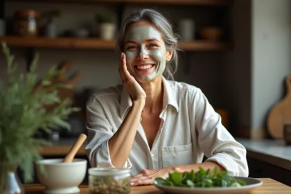 Femme souriante appliquant un masque herbal visage