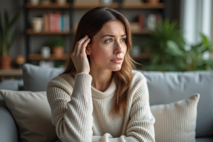 Femme se massant le cuir chevelu avec souci