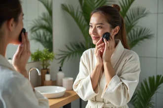 Femme se massant le visage avec du savon noir dans la salle de bain