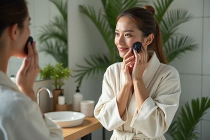 Femme se massant le visage avec du savon noir dans la salle de bain