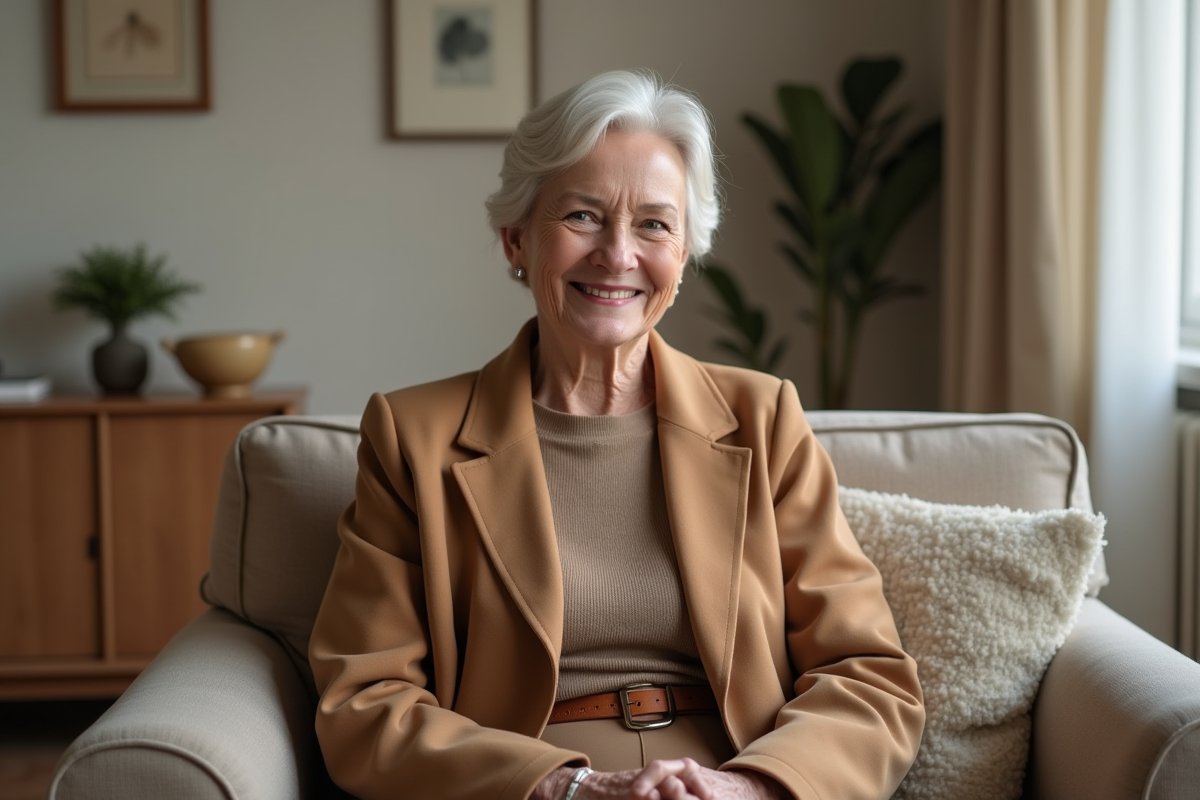 Femme mature en manteau camel dans un salon chaleureux