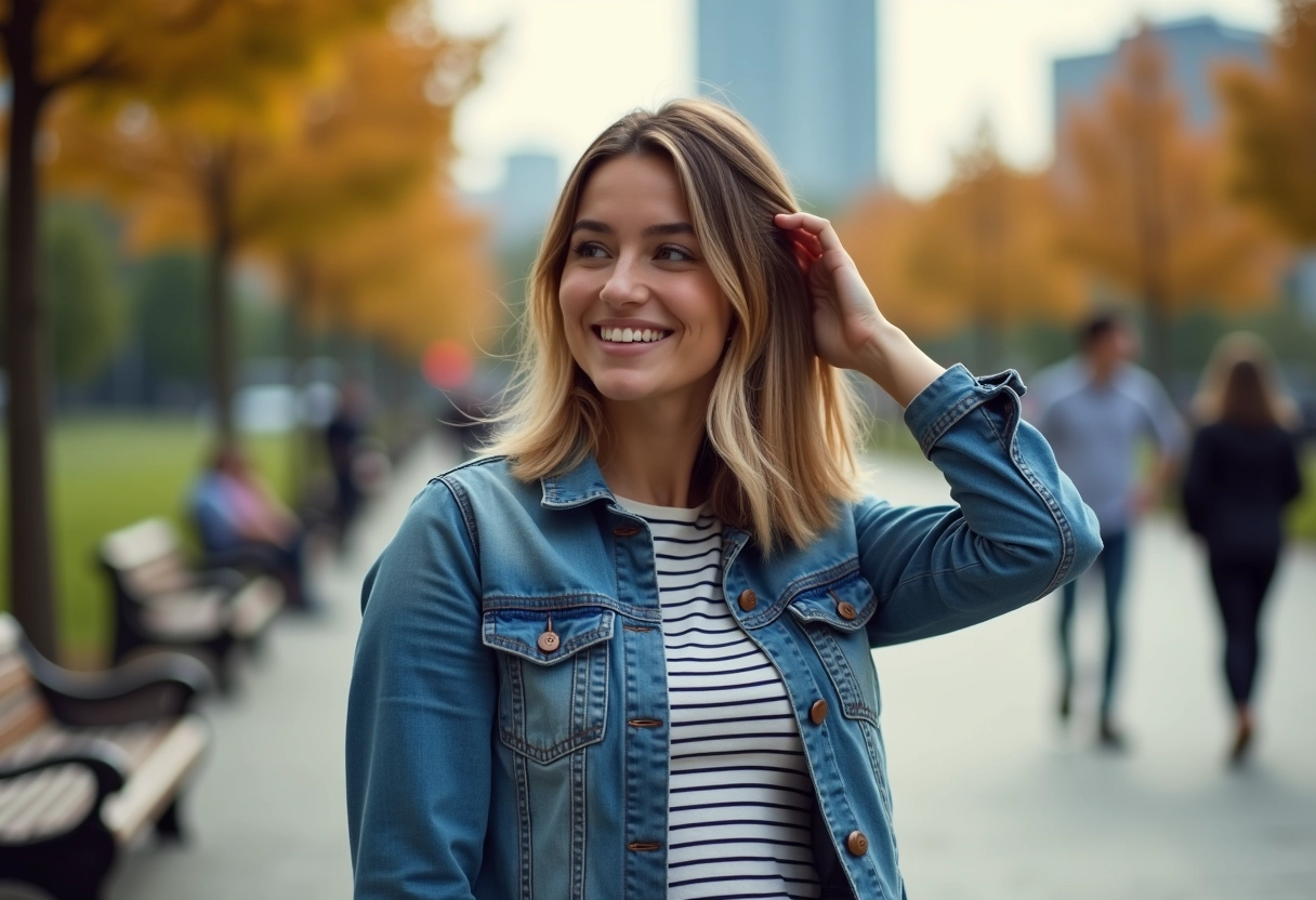 Femme souriante dans un parc urbain en été