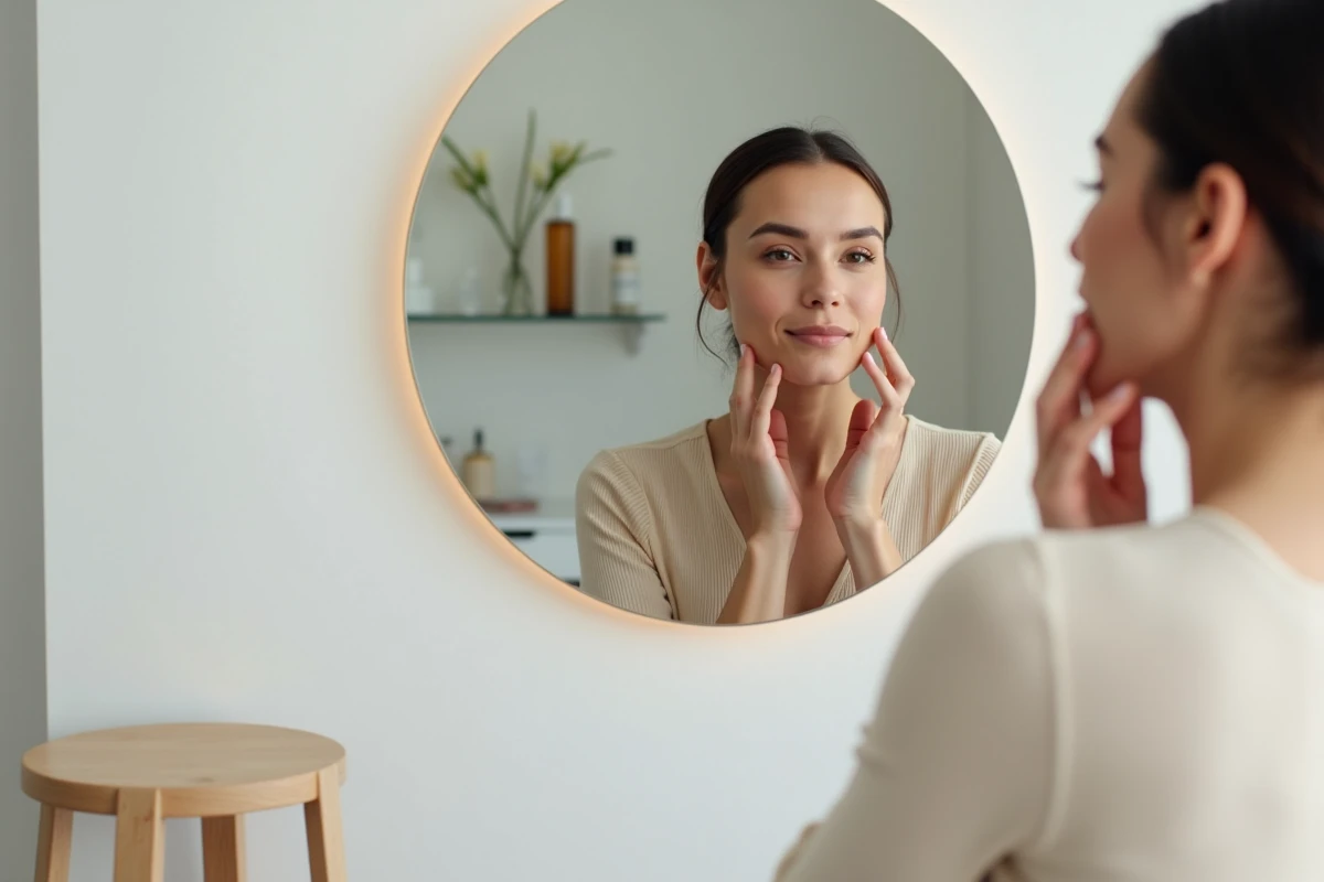 Femme examinant sa peau hydratée dans un miroir rond après utilisation de soins Filorga, avis beauté anti-âge