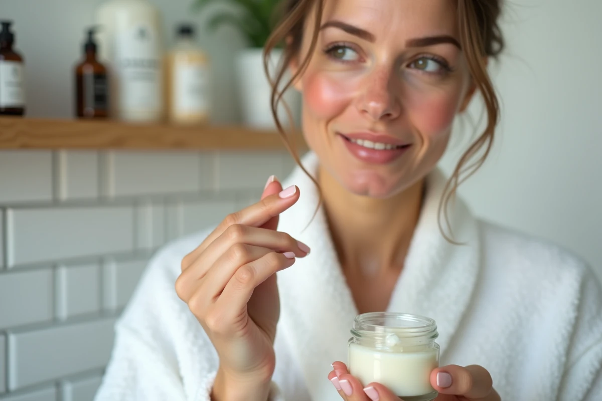 Femme à peau sensible appliquant une crème naturelle Zaturelle sur son visage dans une salle de bain épurée
