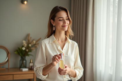 Femme élégante appliquant du parfum dans une chambre moderne