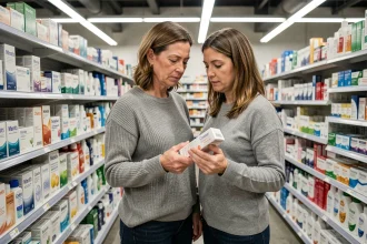 Femme examinant un produit DPH en rayon pharmacie de grande surface