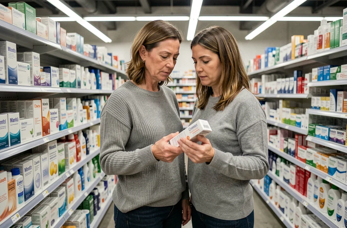 Femme examinant un produit DPH en rayon pharmacie de grande surface