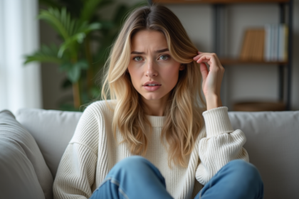 Femme pensant dans un salon cosy avec livres et plante