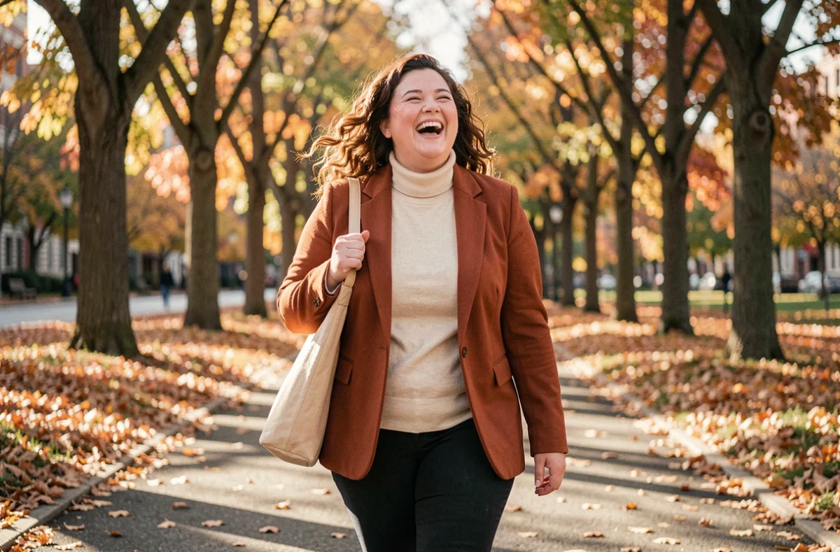 Jeune femme ronde riant librement dans un parc en automne, incarnant la confiance en soi et la beauté assumée face aux critiques