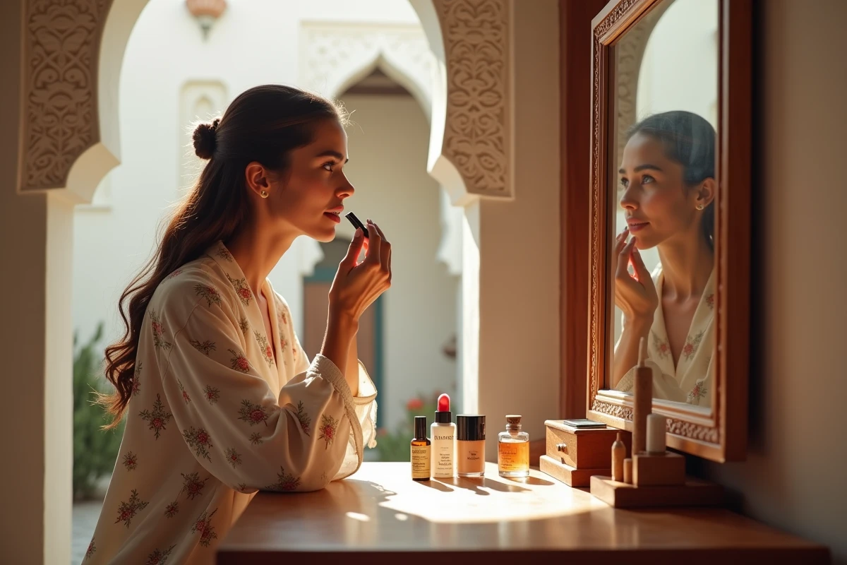 Jeune femme marocaine appliquant un rouge à lèvres halal certifié devant un miroir sculpté dans un riad traditionnel