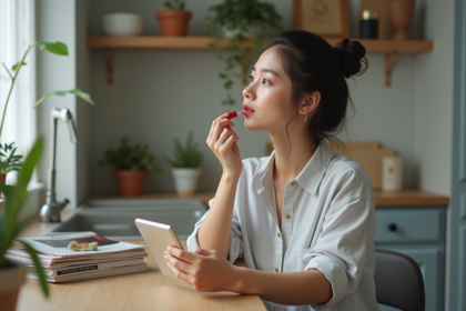Jeune femme appliquant rouge à lèvres au miroir