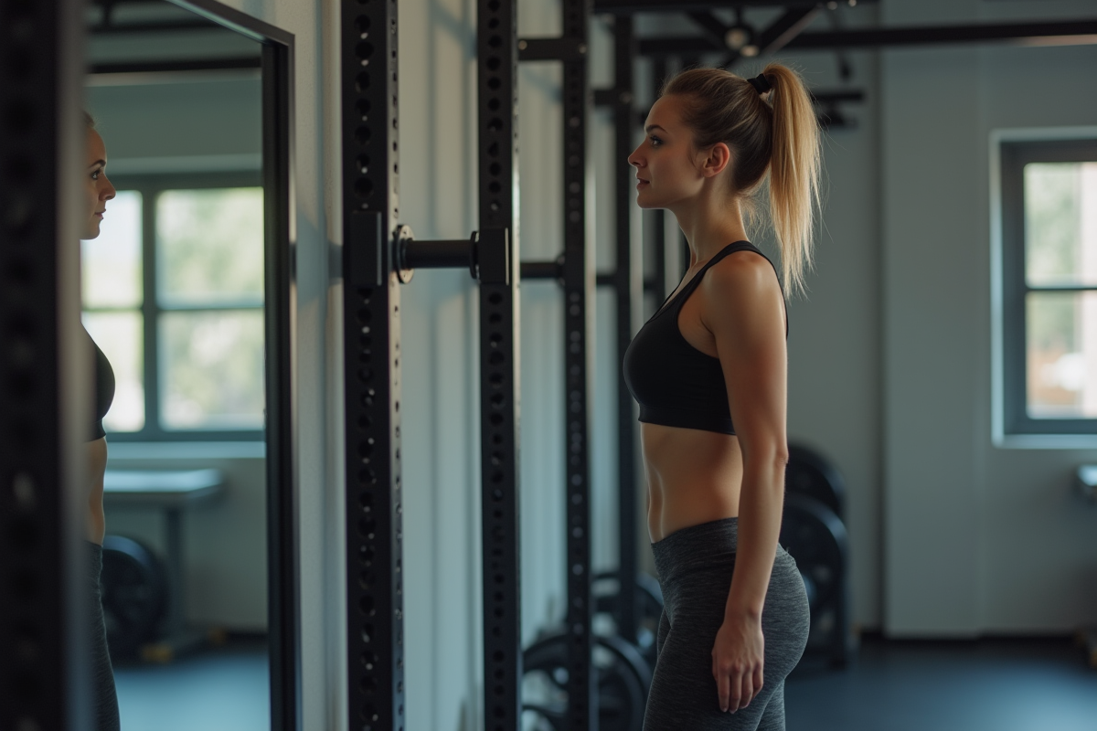 Femme en salle de sport vérifiant son reflet