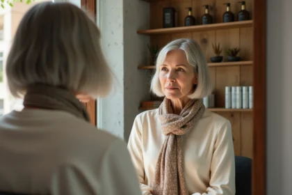 Femme d'une soixantaine d'années dans un salon moderne regardant son reflet