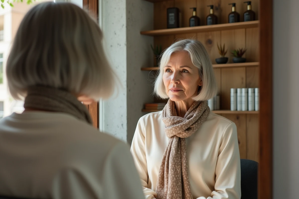 Femme d'une soixantaine d'années dans un salon moderne regardant son reflet