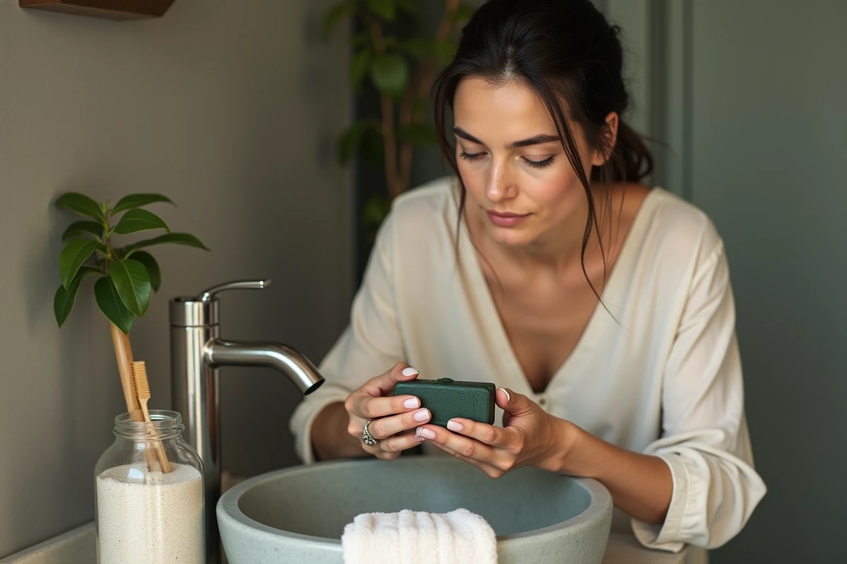 Femme tenant un savon d'Alep artisanal au-dessus d'un lavabo en béton dans une salle de bain minimaliste et naturelle