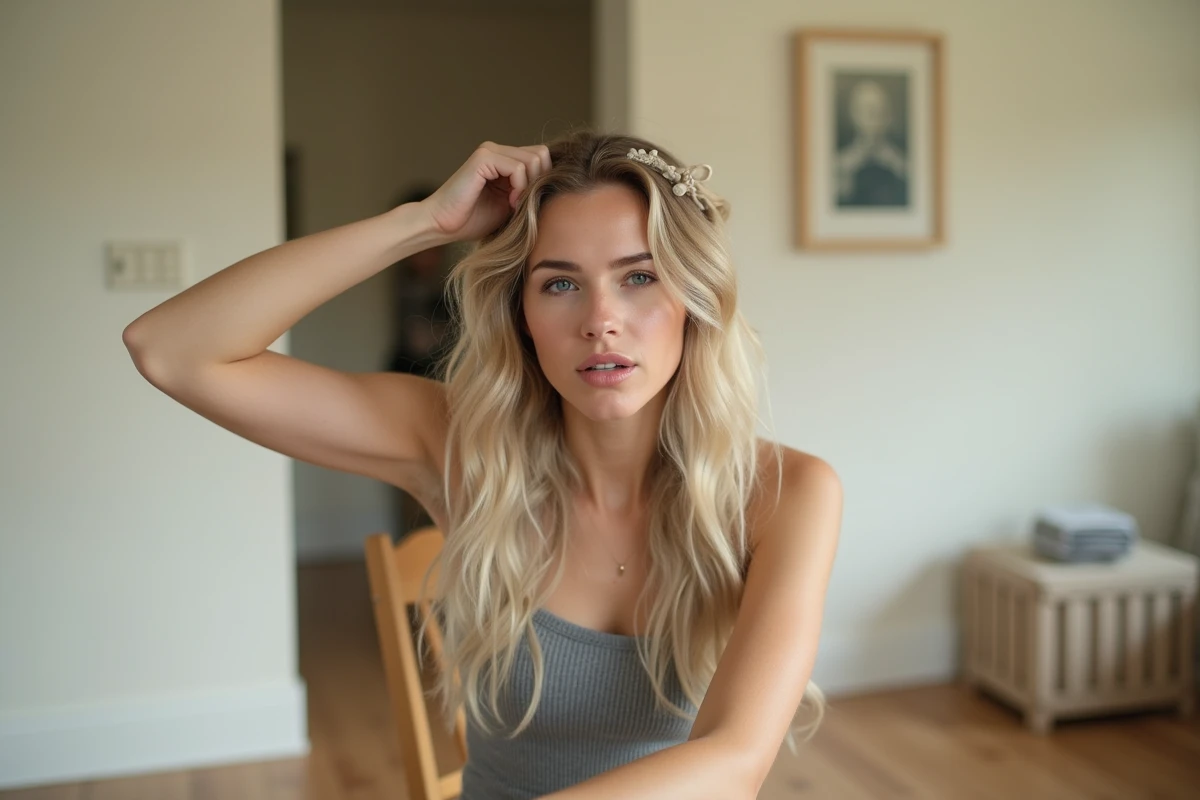 Jeune femme séparant ses cheveux en sections avant de se couper les pointes seule chez elle