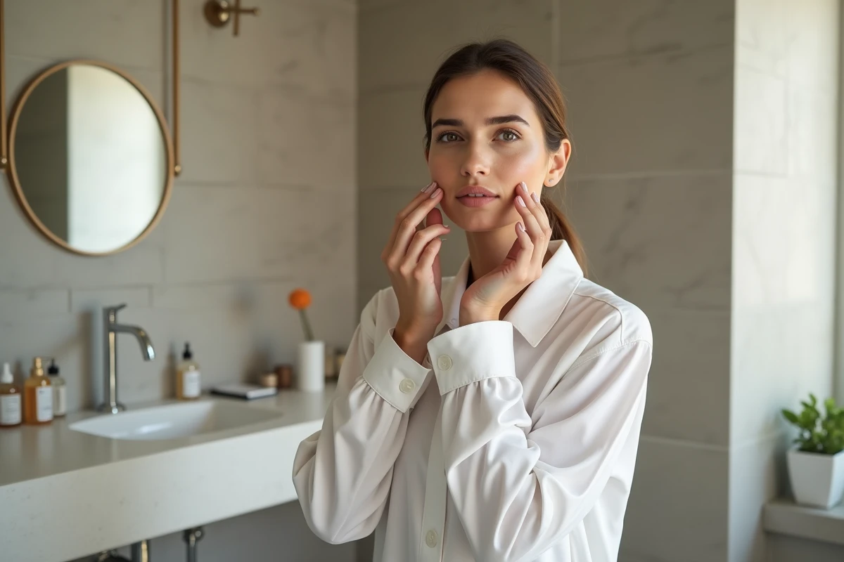 Femme appliquant un serum vitamine C dans sa salle de bain