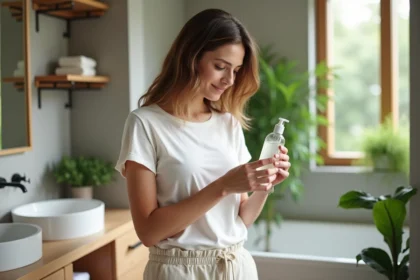 Femme examinant une bouteille de shampoing naturel dans un bain lumineux