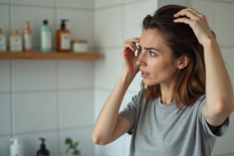Femme examinant son cuir chevelu dans un miroir moderne