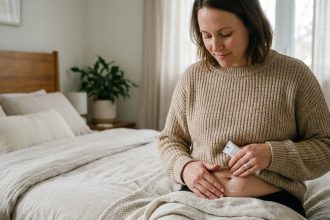 Femme appliquant une creme sur une cicatrice abdominale