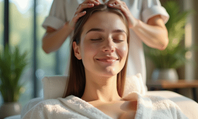 Jeune femme recevant un massage du cuir chevelu dans un spa lumineux