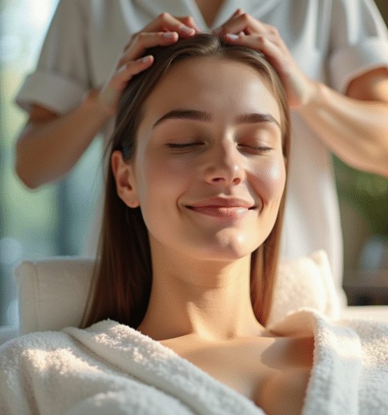 Jeune femme recevant un massage du cuir chevelu dans un spa lumineux