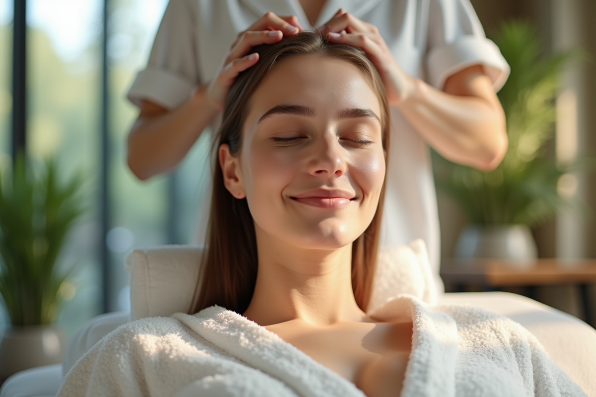 Jeune femme recevant un massage du cuir chevelu dans un spa lumineux