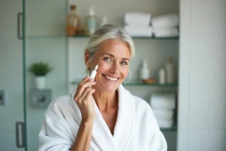 Femme appliquant un serum anti-âge dans une salle de bain lumineuse