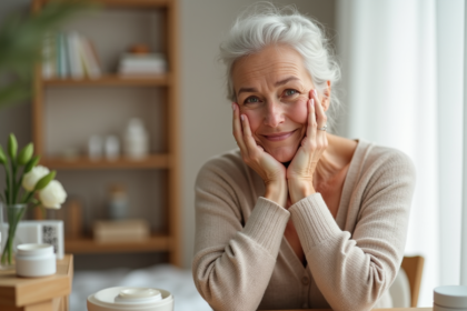Femme d'âge moyen appliquant une crème visage naturelle