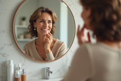 Femme élégante se regardant dans un miroir avec satisfaction