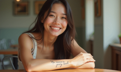Jeune femme souriante avec tatouage phrase inspirante au café