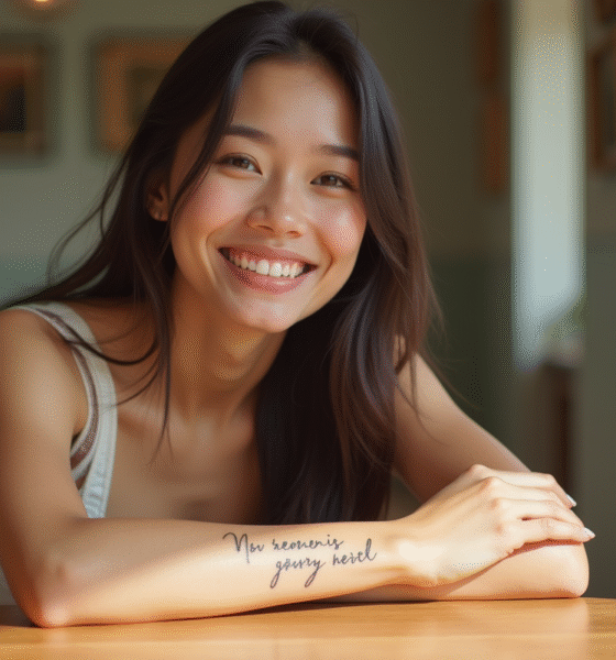 Jeune femme souriante avec tatouage phrase inspirante au café