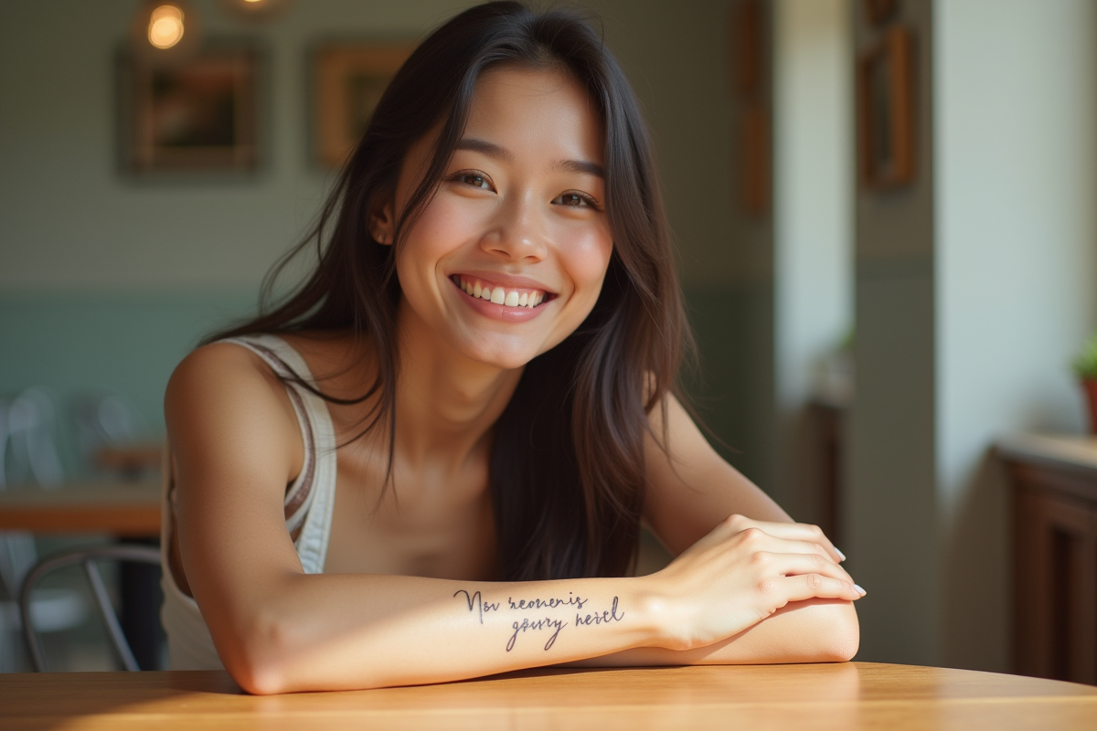 Jeune femme souriante avec tatouage phrase inspirante au café