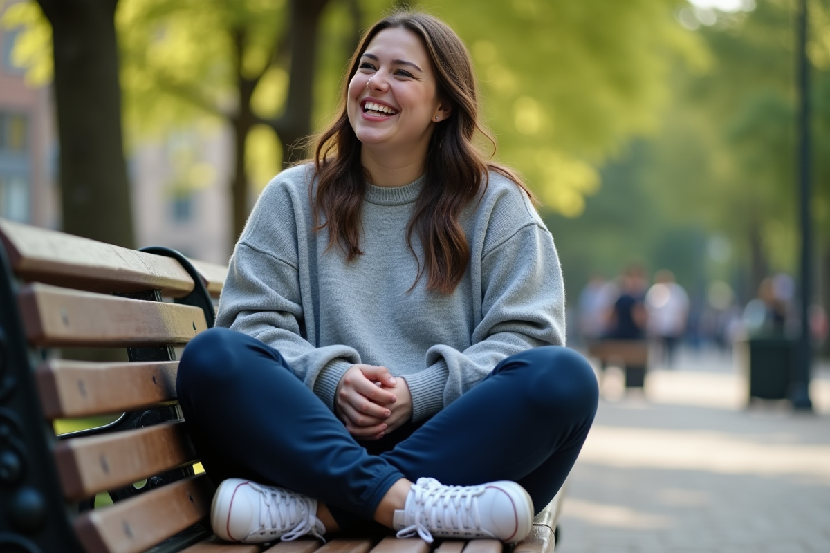 Femme souriante en leggings dans un parc urbain