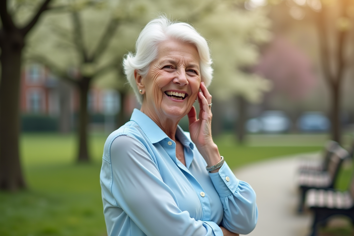 Femme souriante dans un parc urbain au printemps