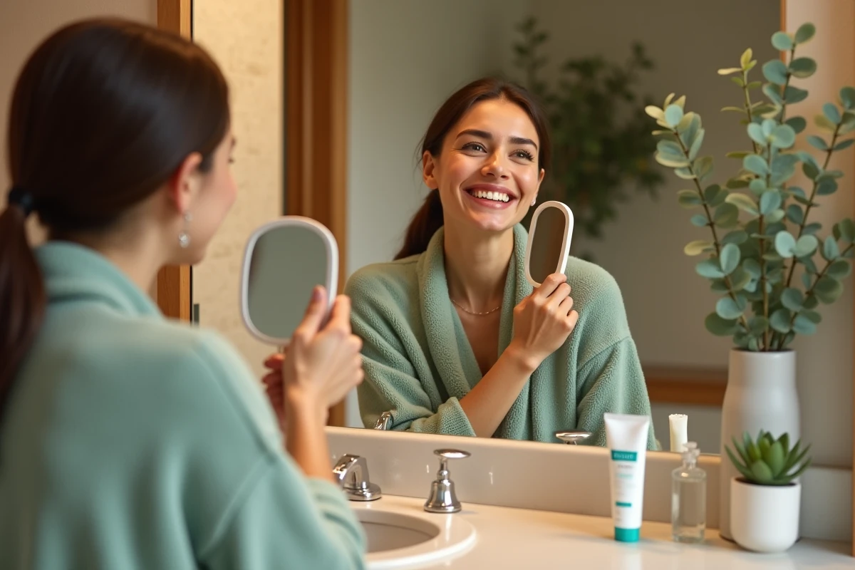 Femme souriante examinant ses dents dans un miroir de salle de bain avec dentifrice MARVIS, résultat blancheur avant après pour fumeurs