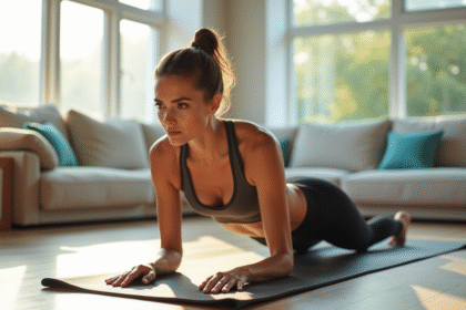 Femme en tenue de sport faisant une planche dans un salon lumineux