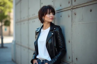 Femme moderne en style rock urbain devant un mur en béton