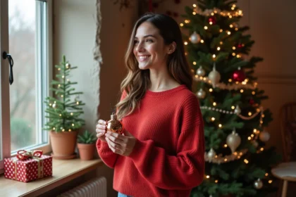 Femme souriante avec pull de Noël tendance 2025