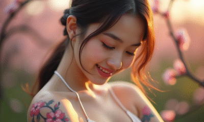 Jeune femme souriante avec tatouage cerisier japonais sur l'épaule