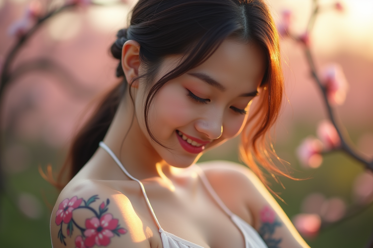Jeune femme souriante avec tatouage cerisier japonais sur l'épaule