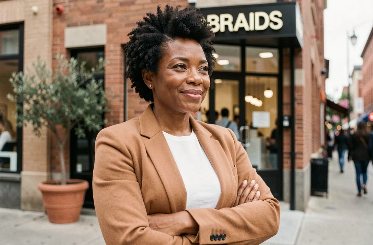Femme noire confiante avec une coupe TWA naturelle courte posant devant l'entrée d'un salon de coiffure BRAIDS spécialisé en textures afro