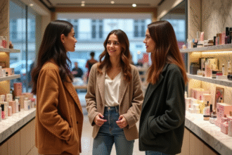 Trois femmes élégantes discutant produits de beauté en magasin